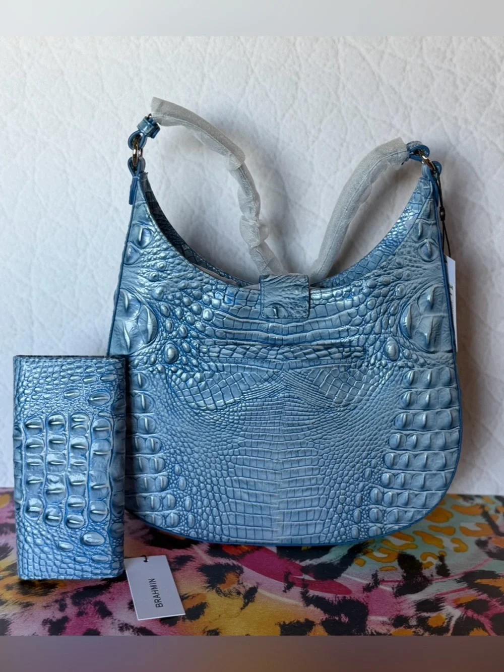 SET Brahmin Fallon Aura Blue Shoulder Bag leather Sky Blue & Wallet NWT